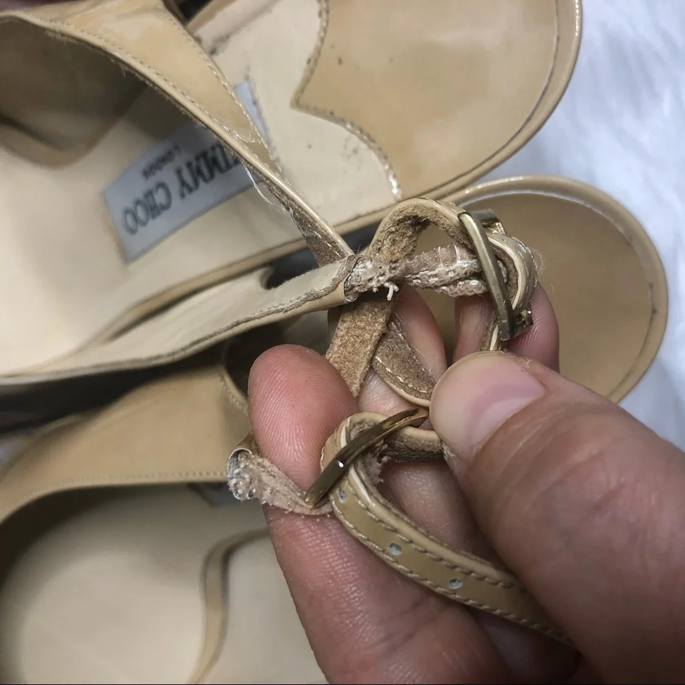 Jimmy Choo Beige Patent Leather Peep-Toe Slingback Heels